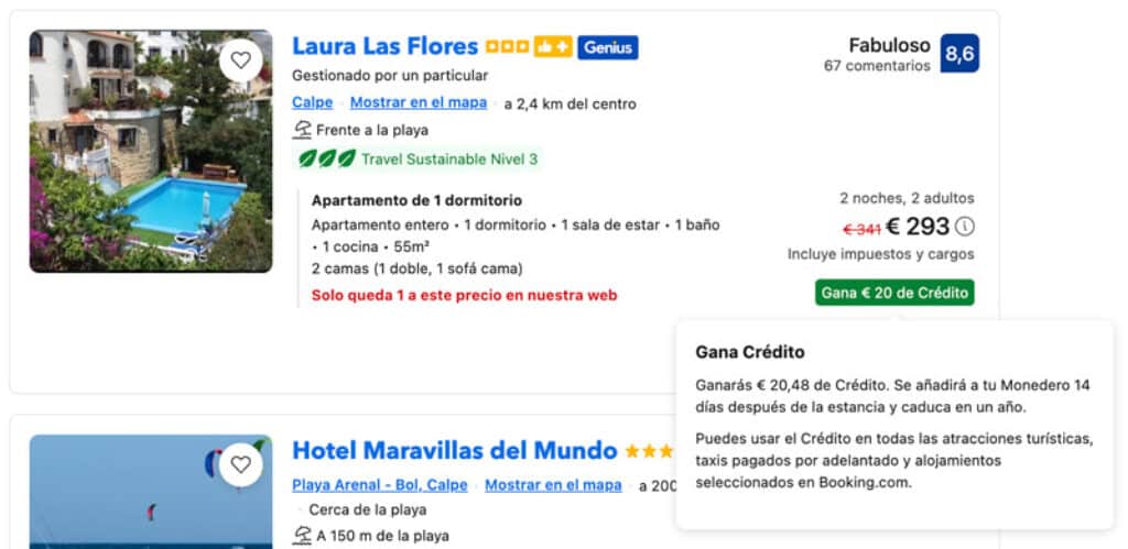 Alojamiento Booking con 20€ crédito para el monedero